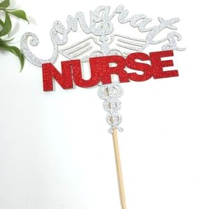 Congrats Nurse Cake Topper Silver and Red Glitter. Grad Nurse Cake Topper.